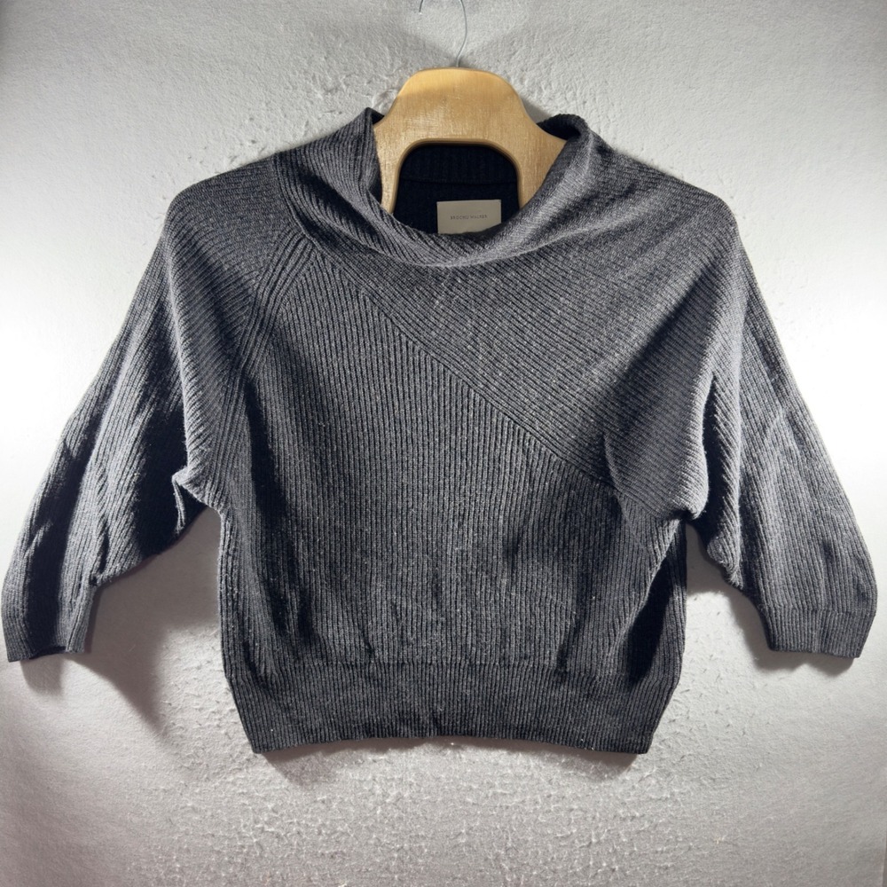 3070 | Brochu Walker Sweater L Merino Wool Cashmere Gray Asymmetrical Cowl Neck